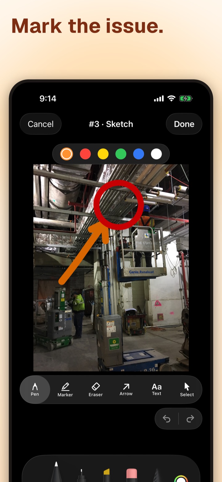 A photo inside the Sitewise app with a sketch drawn on it to mark a defect, alongside the capture's timestamp