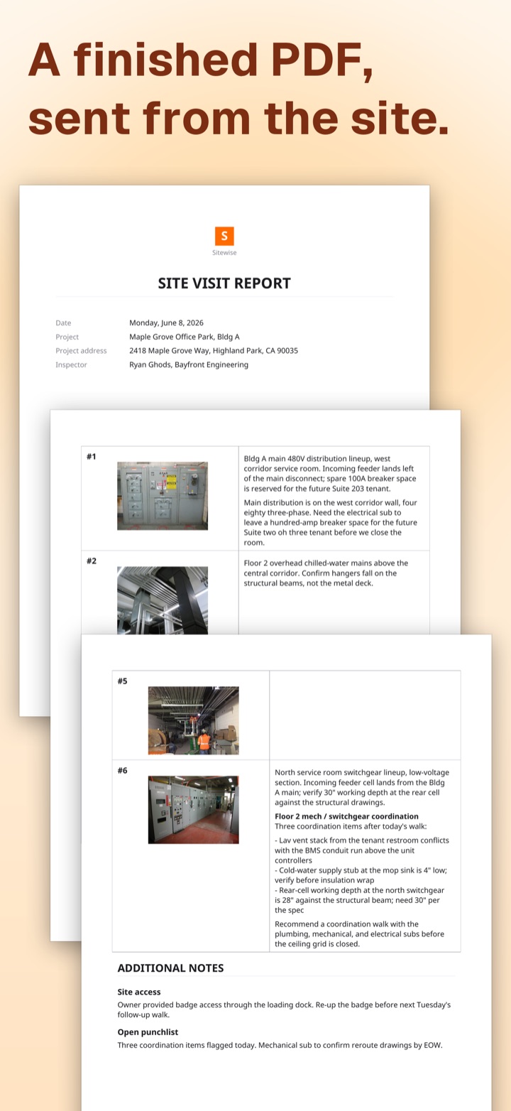 Three pages of a finished Sitewise site visit report: a cover page with date, project and inspector, then numbered photo observations with captions