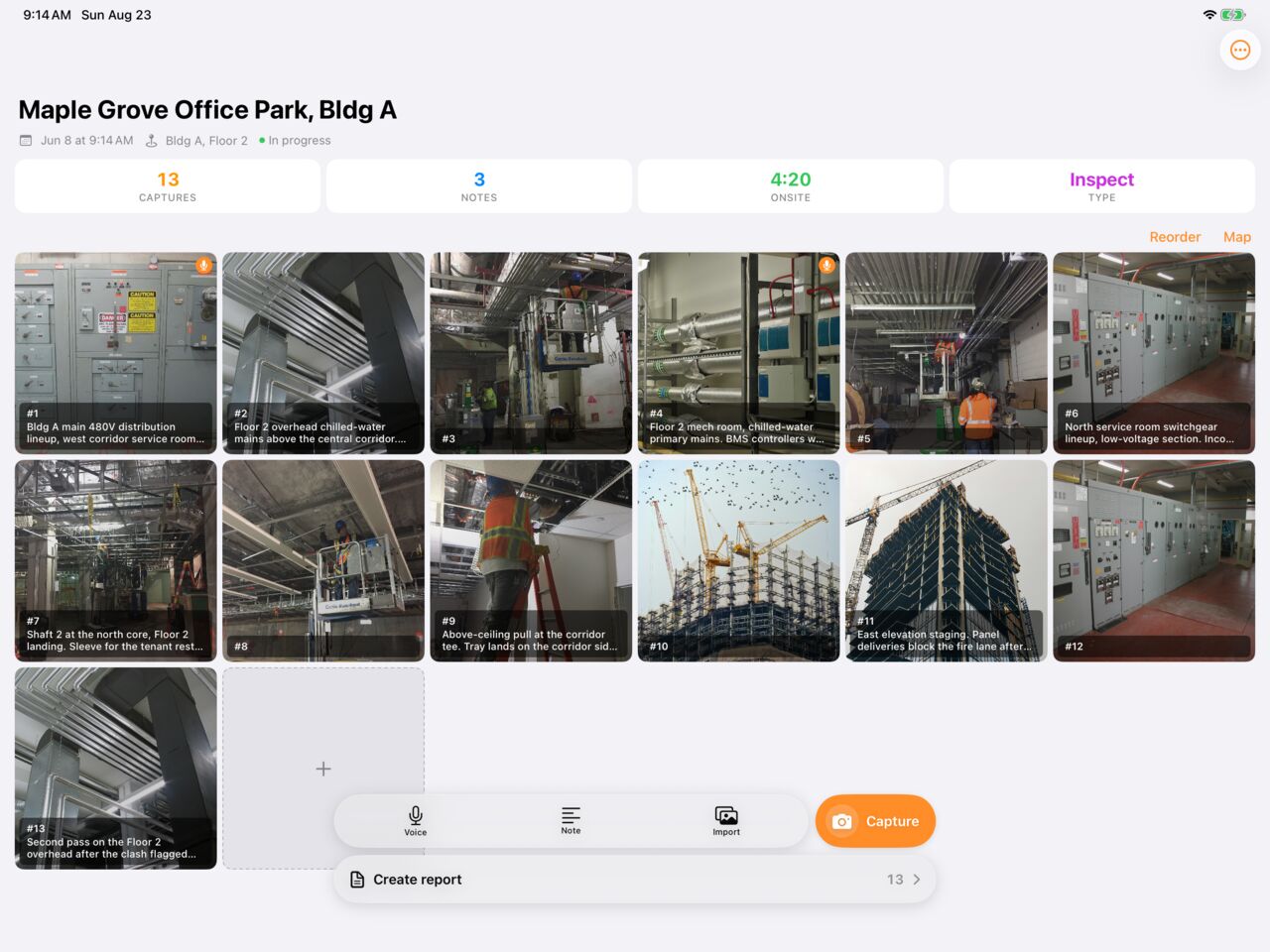 A Sitewise project on a 13-inch iPad: thirteen captioned captures in a grid, the Voice, Note and Import actions, and the Create report bar.