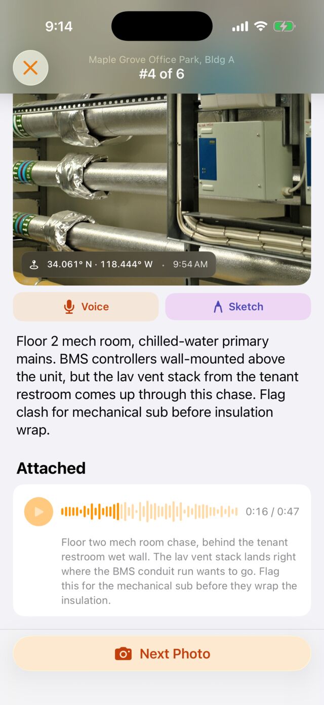 A photo in Sitewise showing its GPS coordinates and capture time, with a transcribed voice note attached underneath