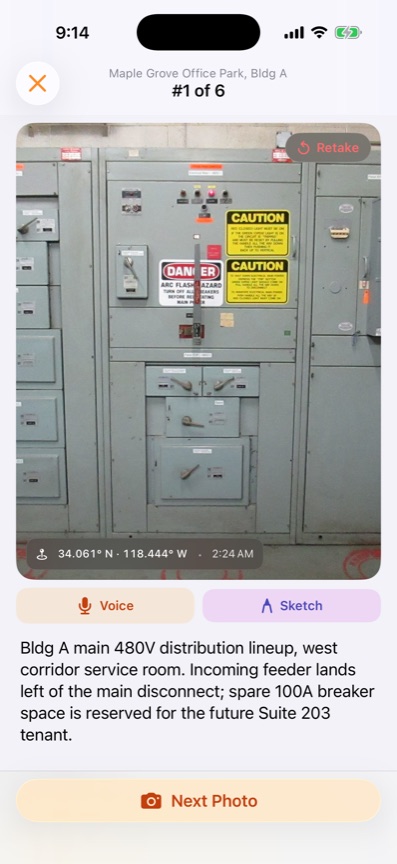 The Sitewise photo review screen: a photo of chilled-water mains with a GPS pin and timestamp, a typed observation below it, and an attached voice note with its transcript