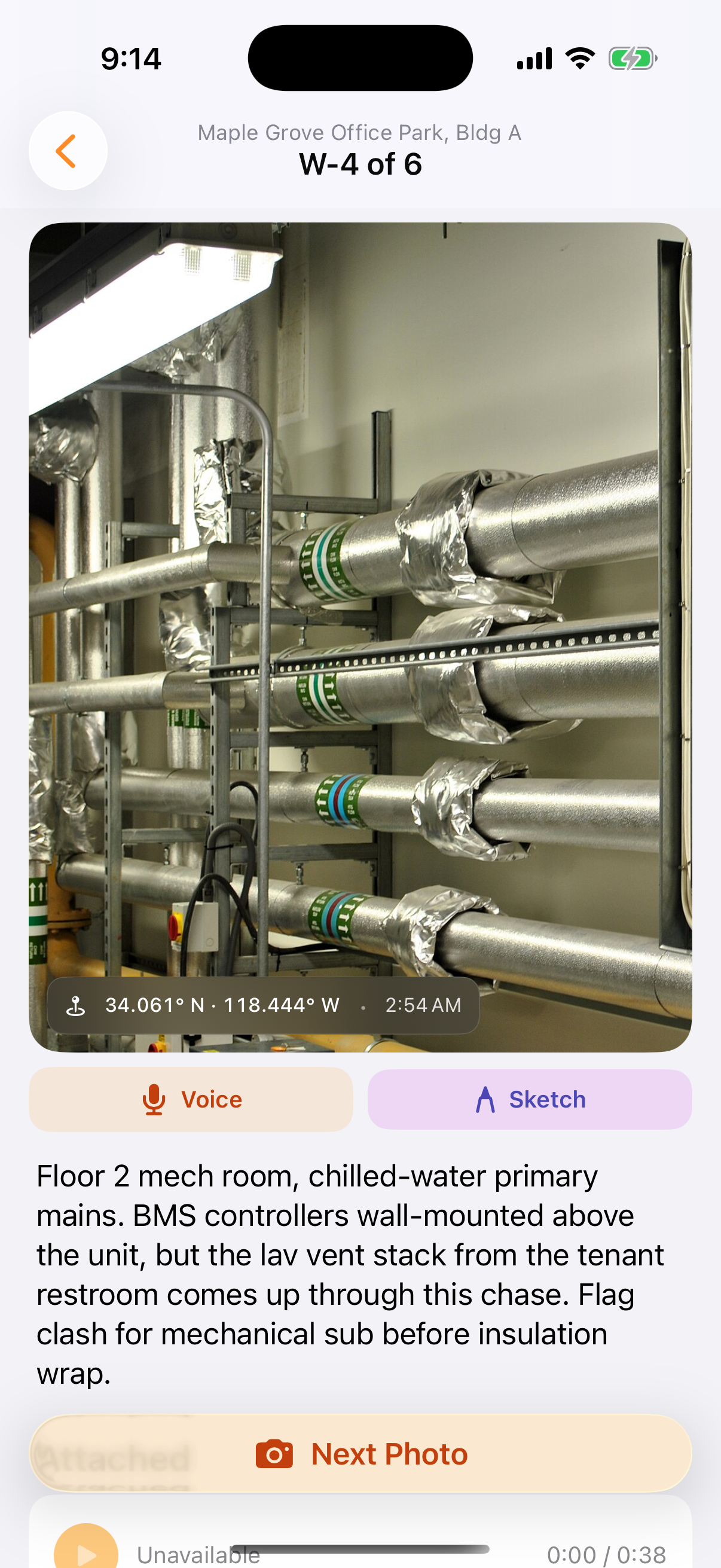 Reviewing a capture in Sitewise on iPhone: photo, voice transcript, and a written observation.