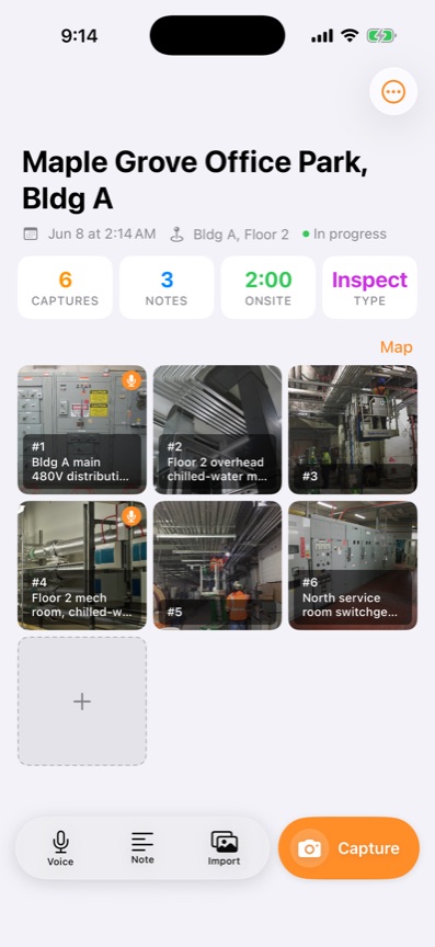 A Sitewise project screen showing six numbered captures in a grid, each with a caption, and microphone badges on the ones carrying a voice note