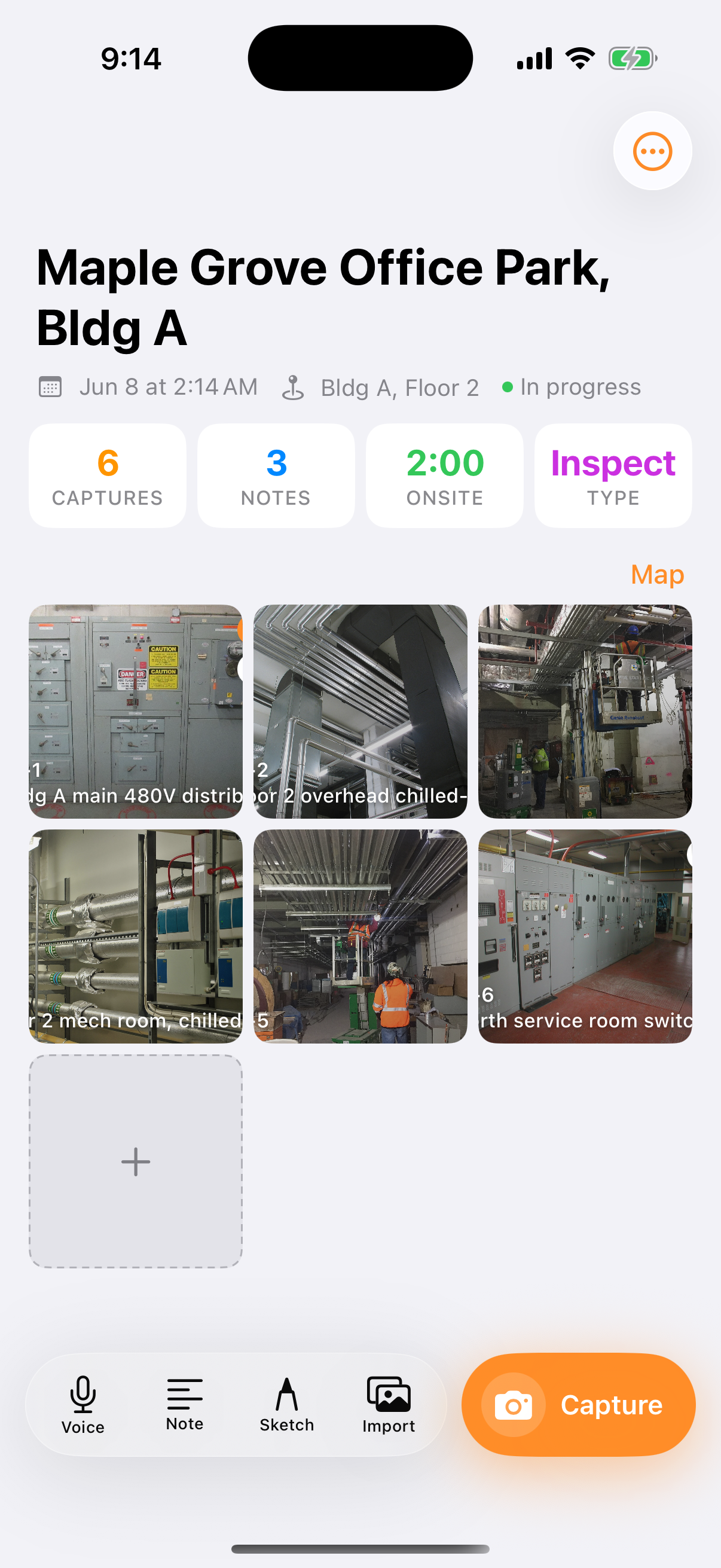A Sitewise project hub on iPhone: captures, voice notes, and time on site for Maple Grove Office Park.