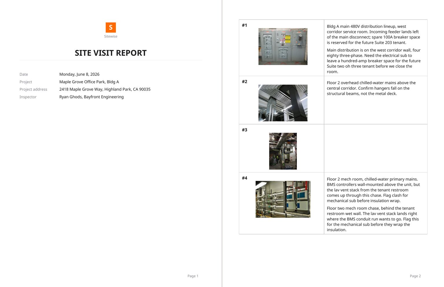 Two pages of a finished Sitewise site visit report: a cover page carrying the date, project, address and inspector, then numbered photo observations with their captions